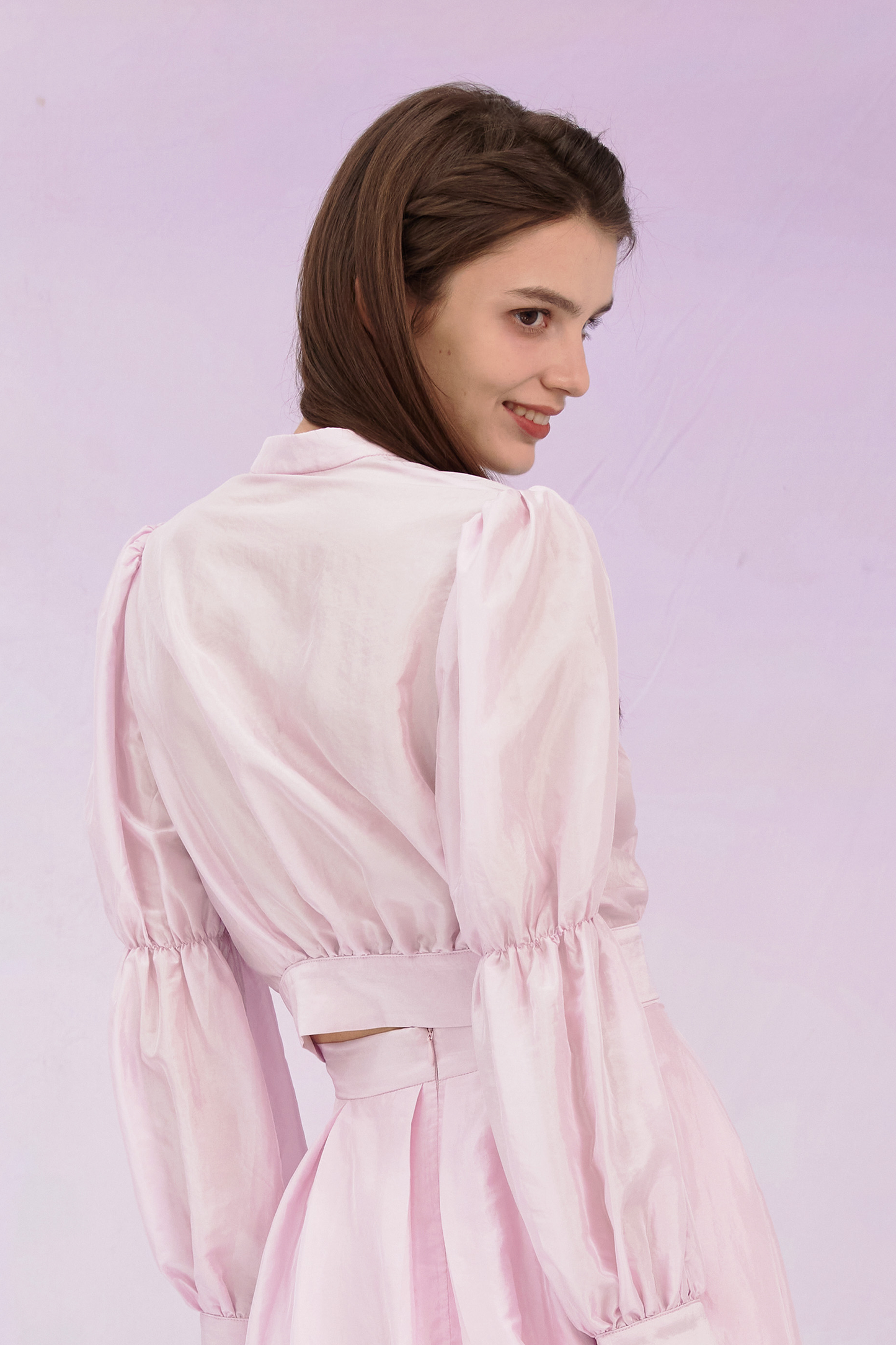 Gracia Pink High Collar Long Sleeve Top