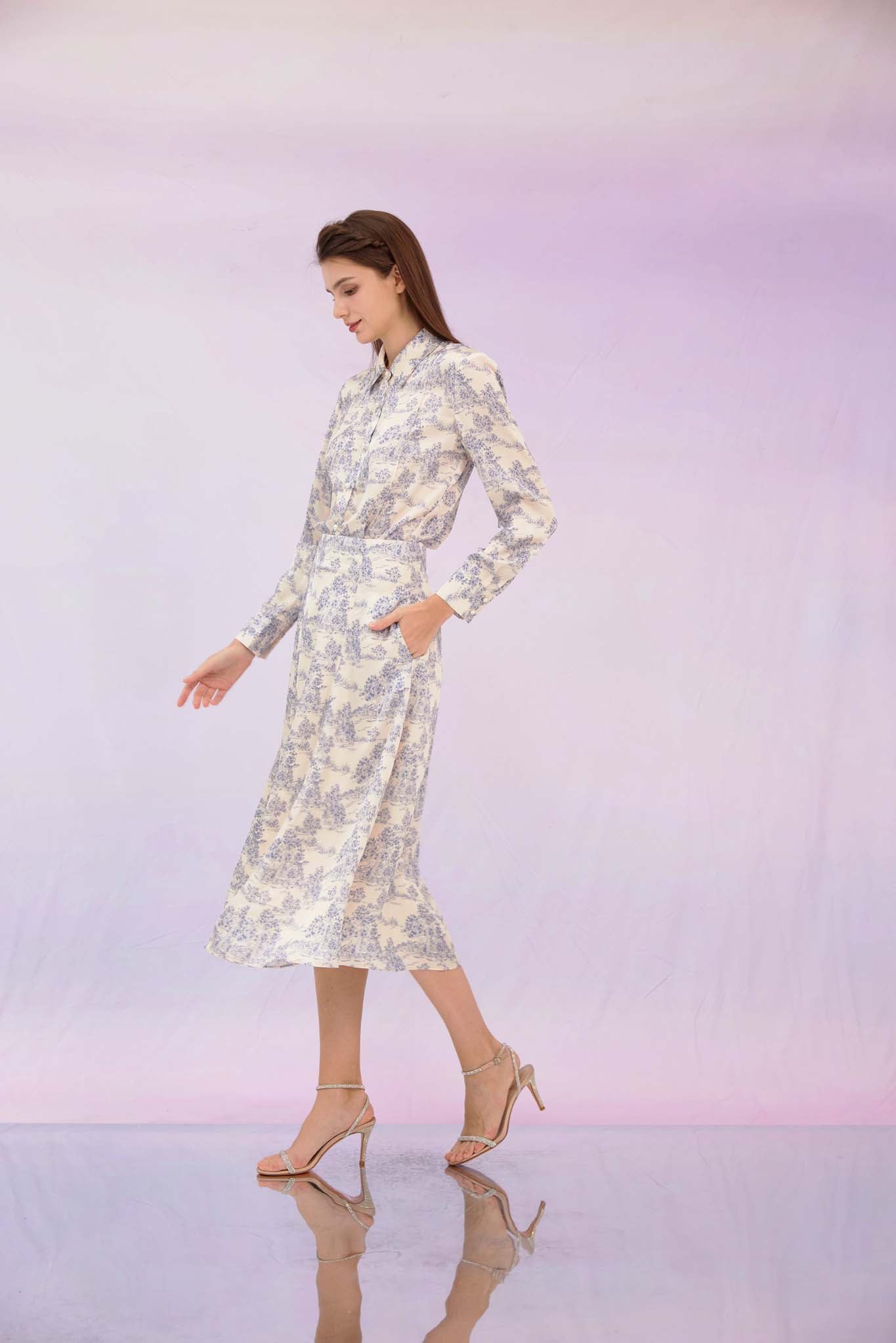 Glynis Blue Print A-Line Skirt