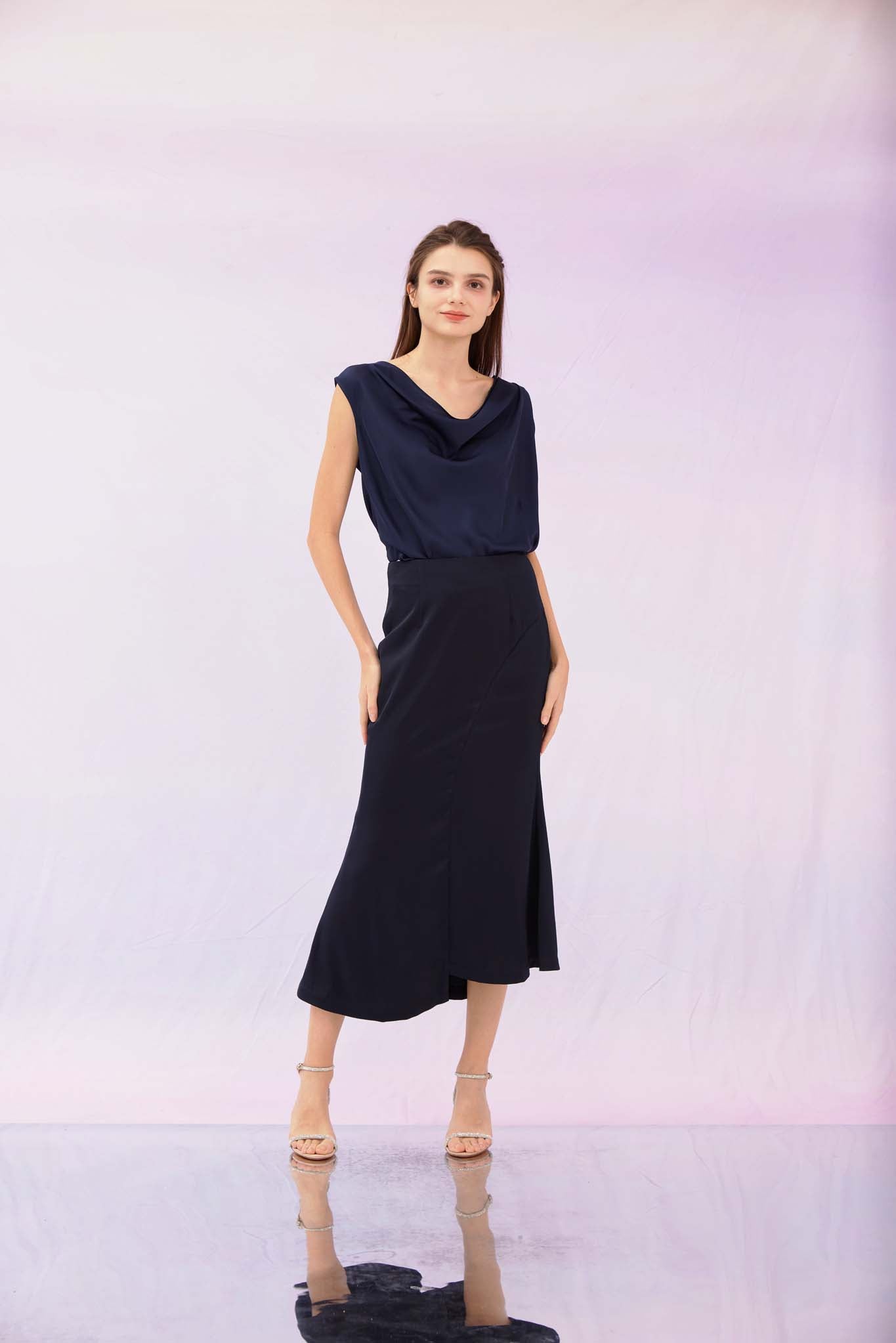 Galina Navy Cowl Neck Top