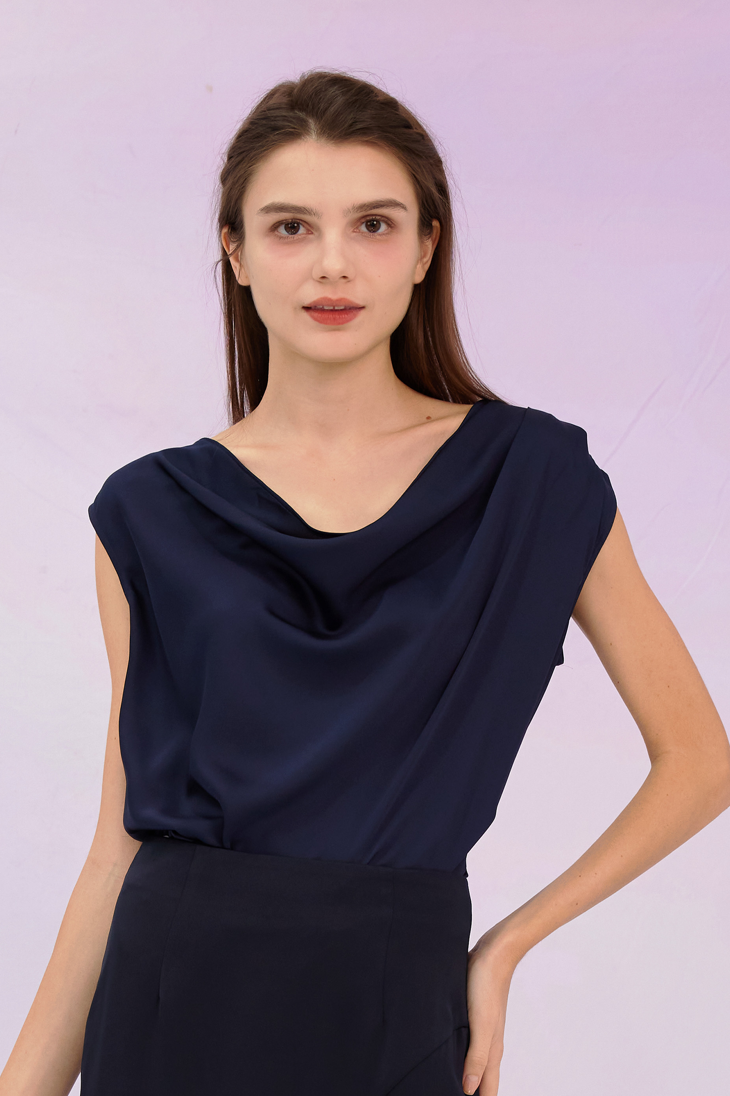 Galina Navy Cowl Neck Top