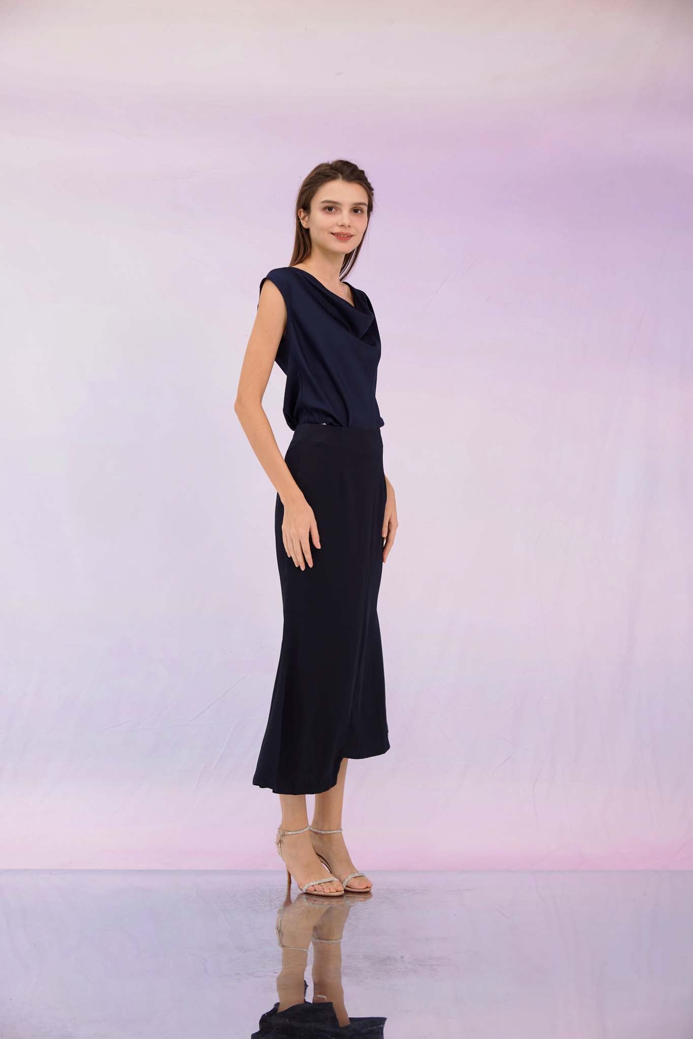 Galina Navy Cowl Neck Top