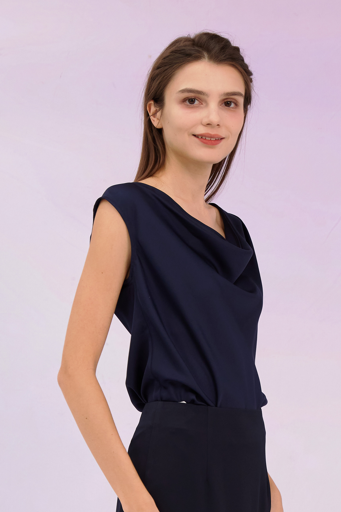 Galina Navy Cowl Neck Top