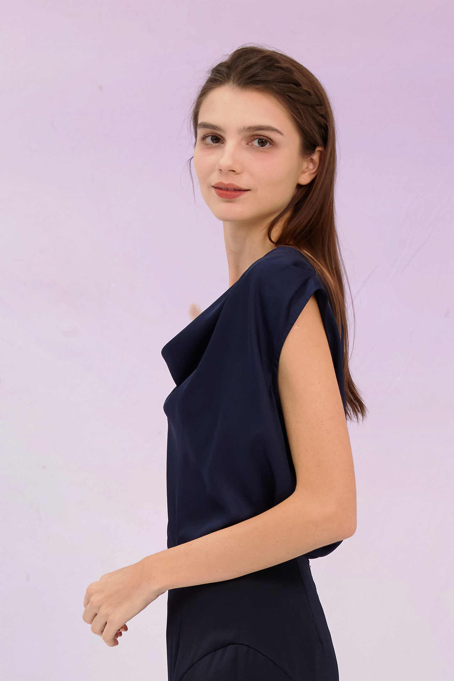 Galina Navy Cowl Neck Top