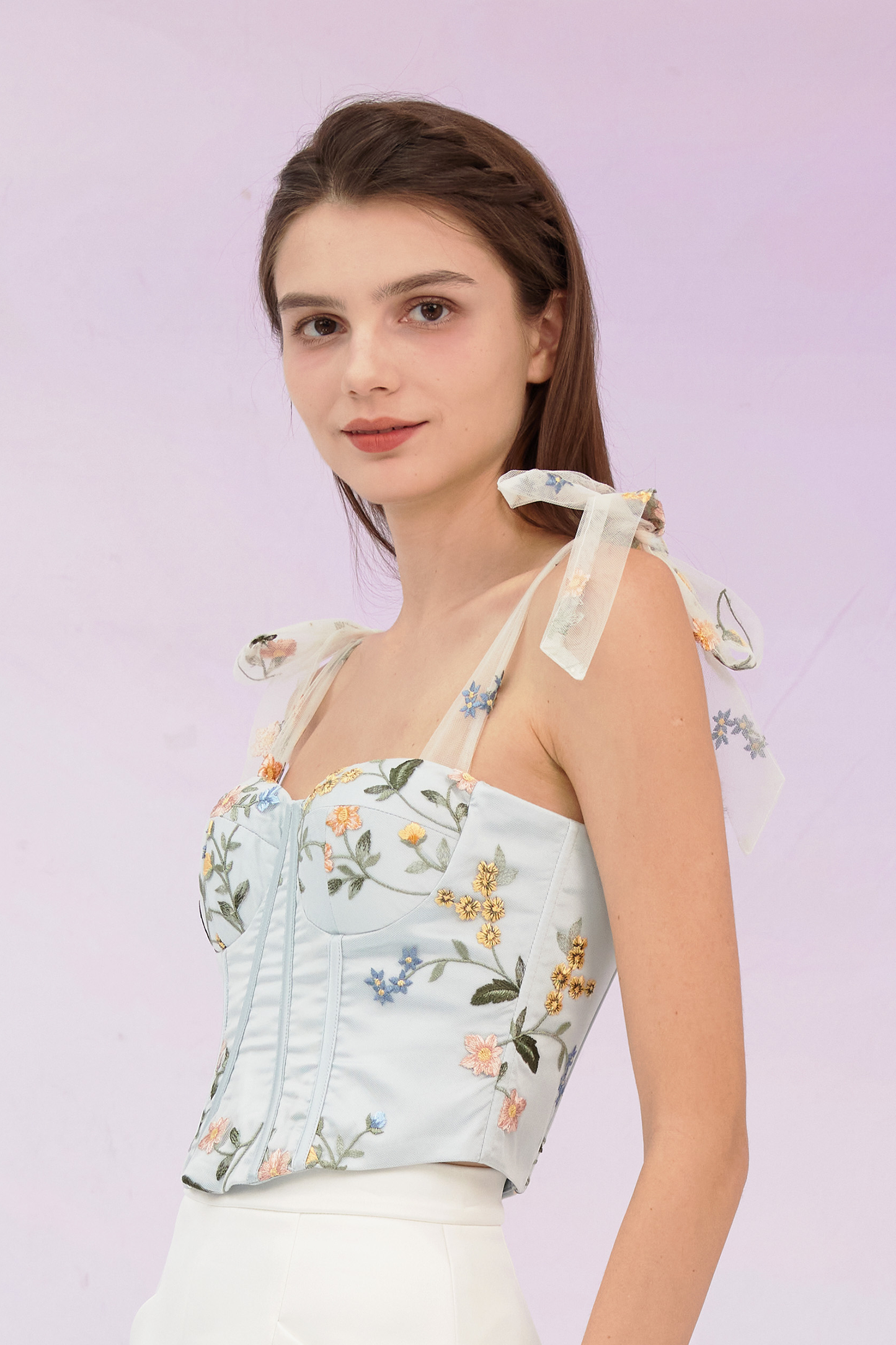 Grainne Pastel Blue Flower Tulle Top