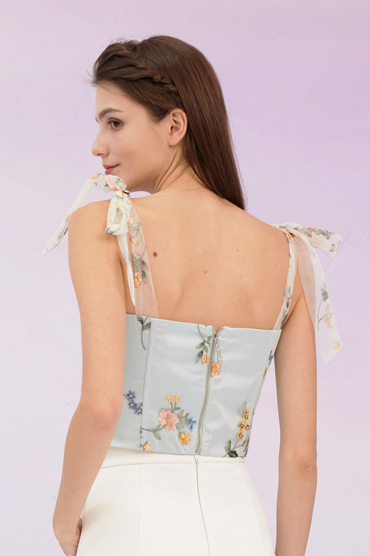 Grainne Pastel Blue Flower Tulle Top