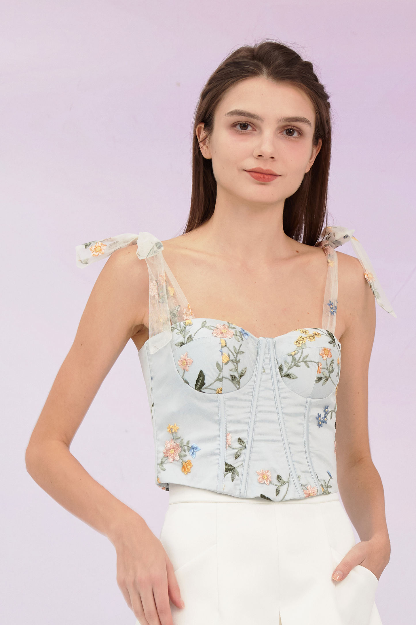 Grainne Pastel Blue Flower Tulle Top