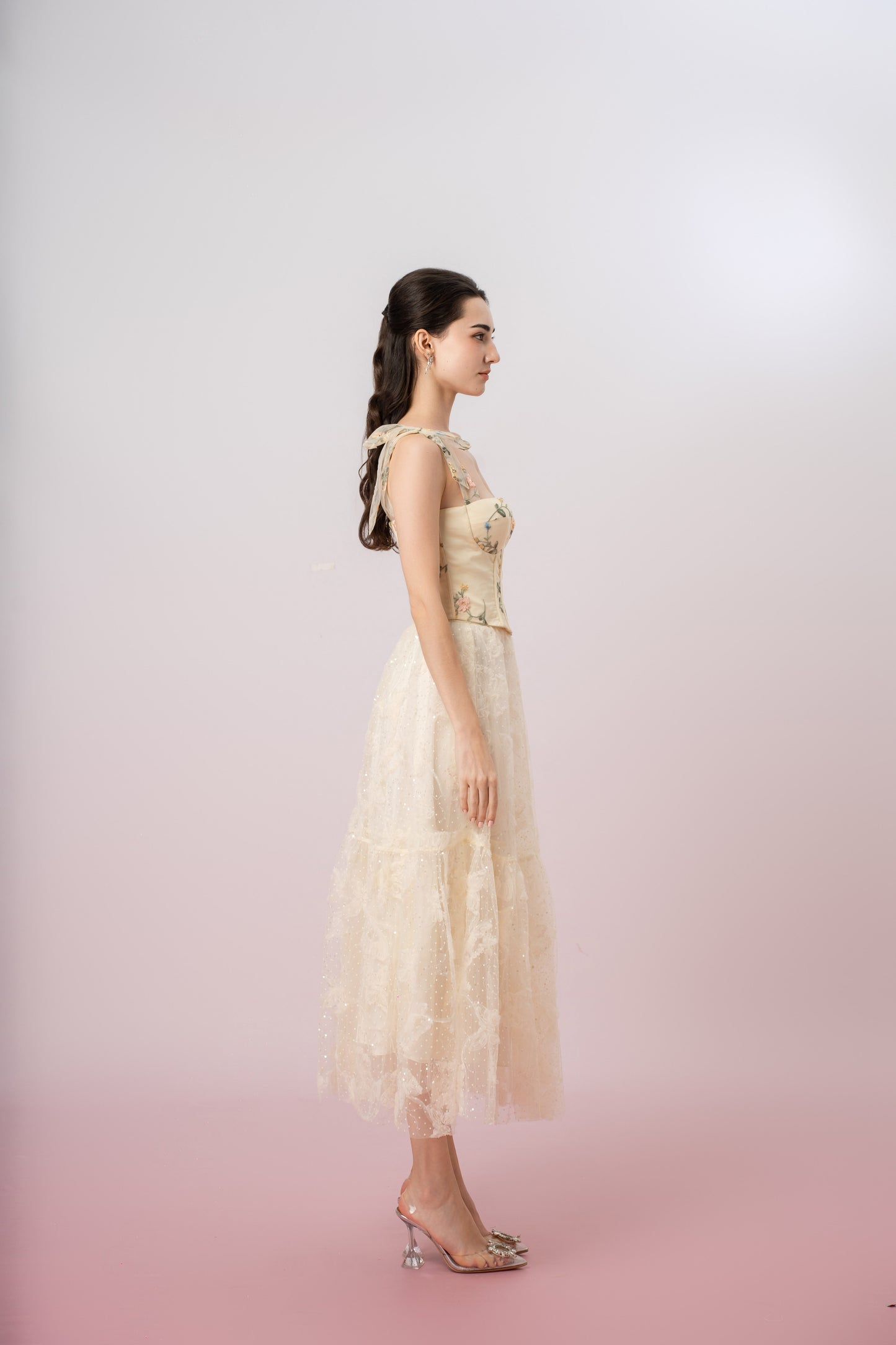 Grainne Light Yellow Flower Tulle Top