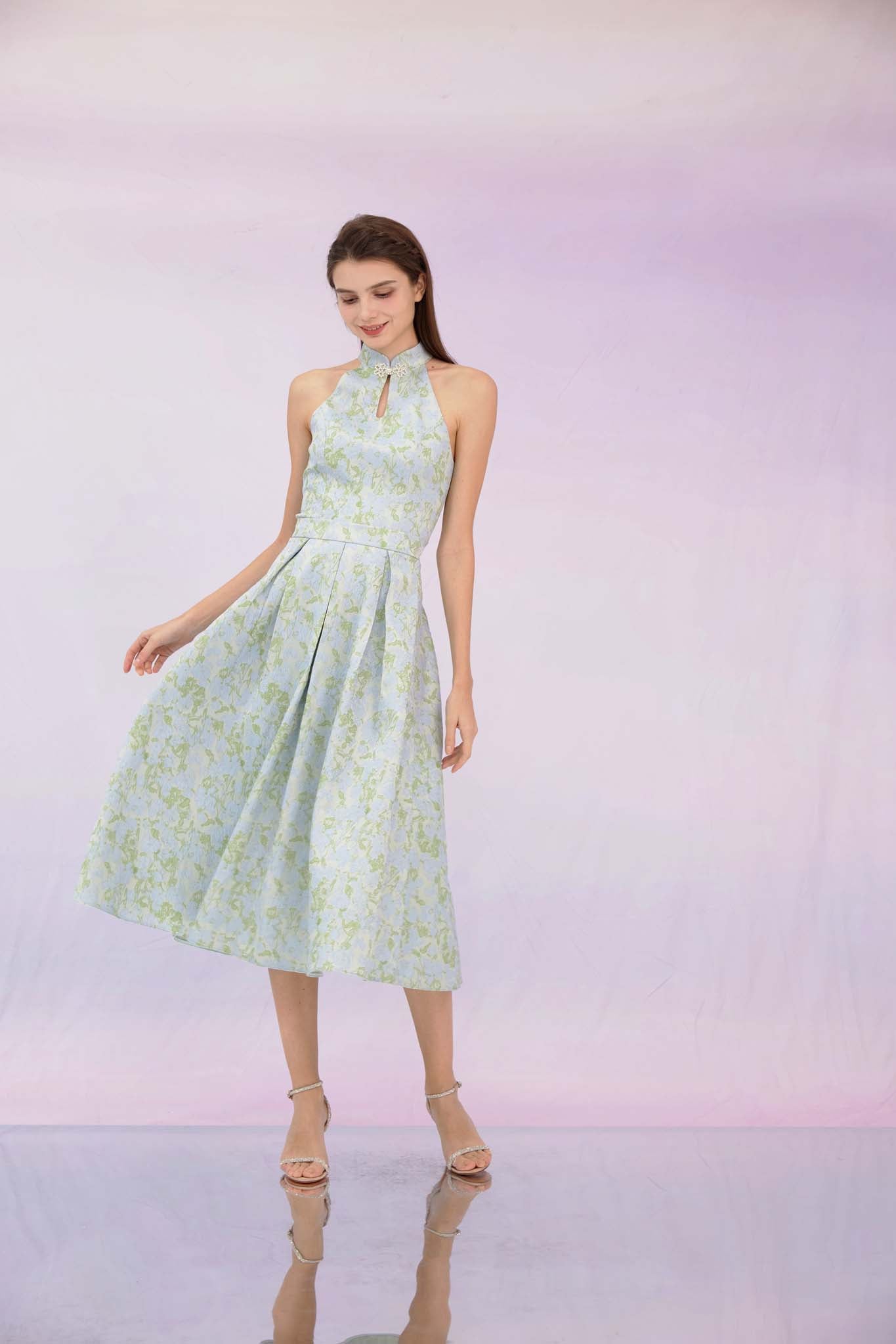 Gizella Green Jacquard Pleated Skirt