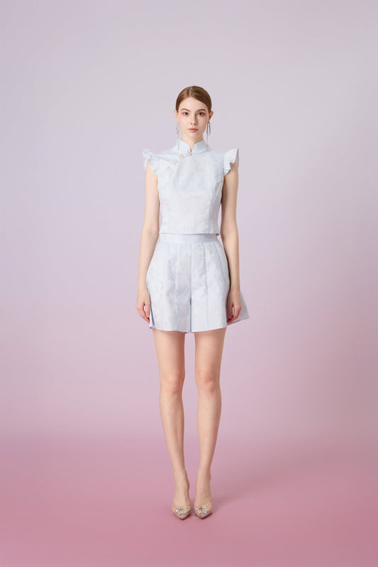 Gwenith Blue Jacquard Mandarin Collar Top - Nimisski