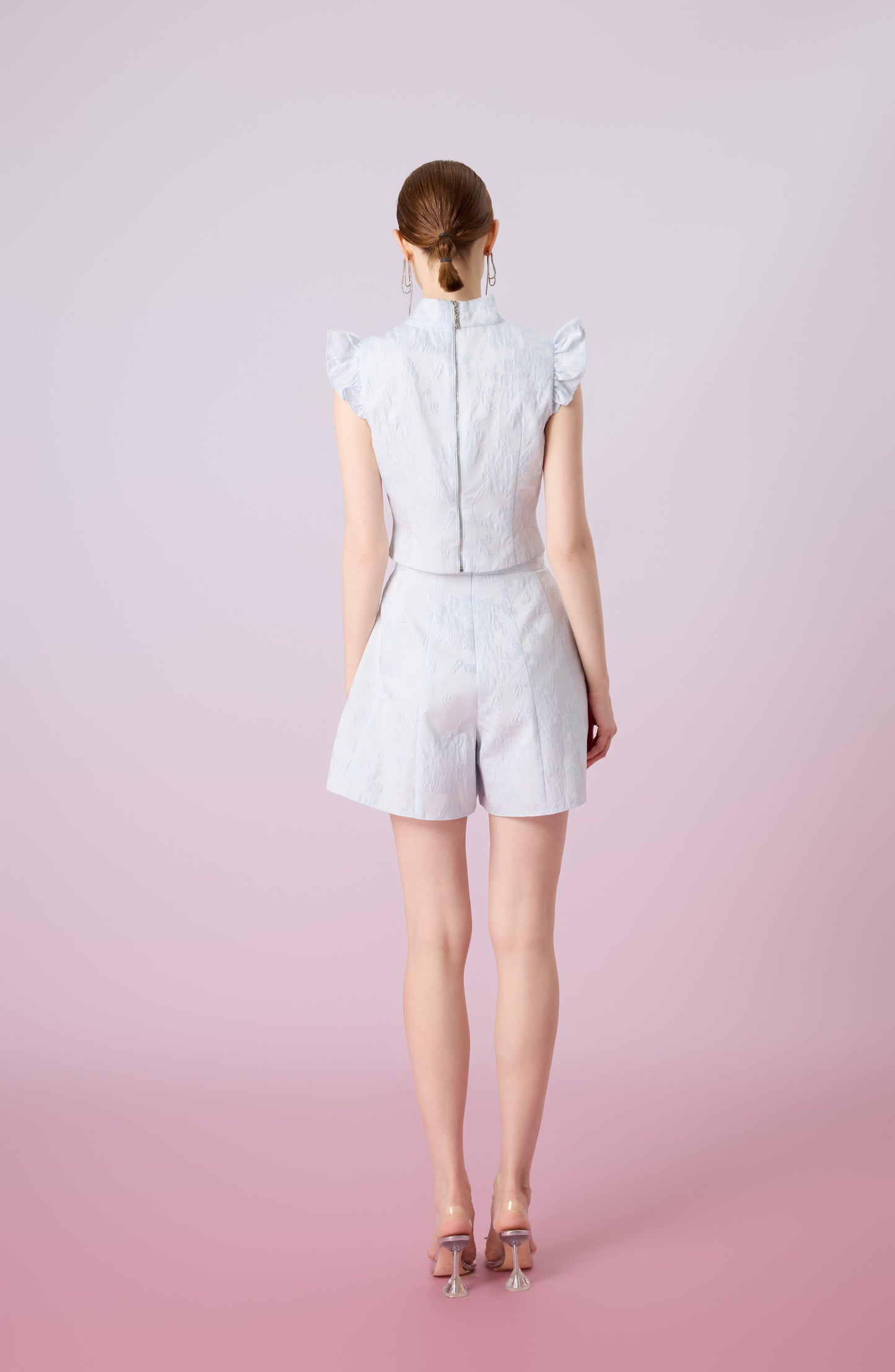 Gwenith Blue Jacquard Mandarin Collar Top