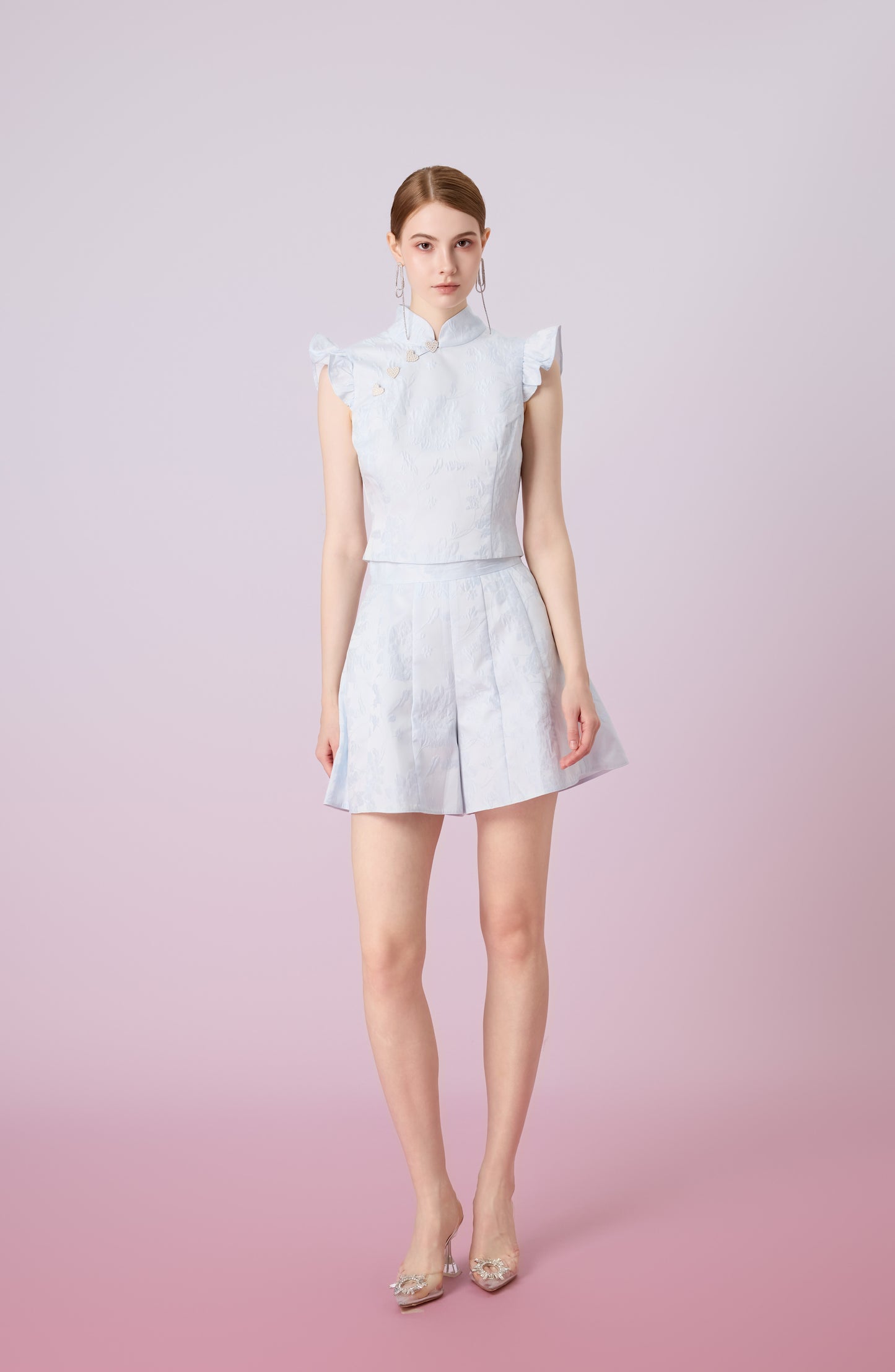 Gwenith Blue Jacquard Mandarin Collar Top
