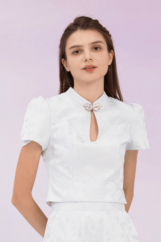 Gwenda Blue Jacquard Mandarin Collar Top - Nimisski