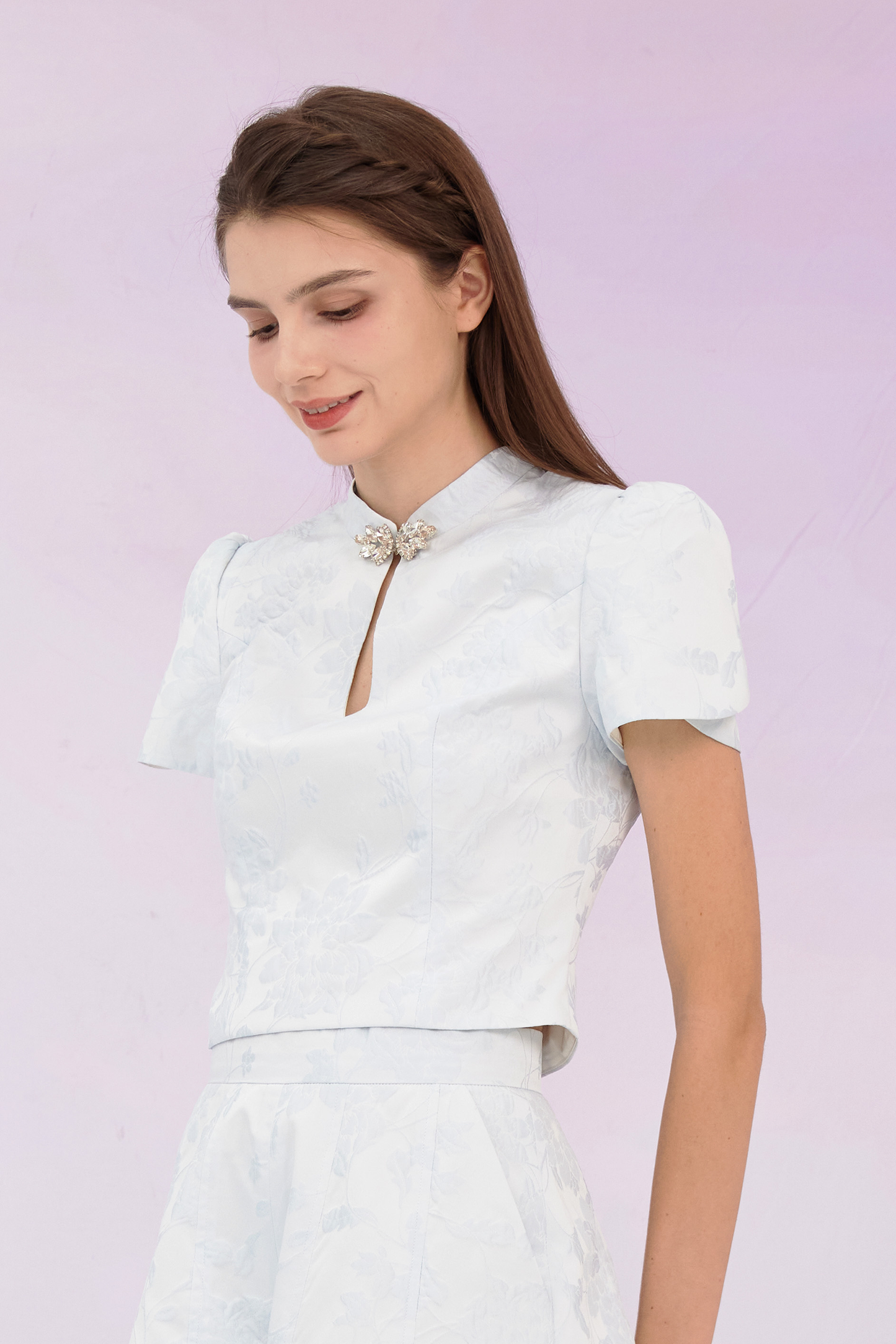 Gwenda Blue Jacquard Mandarin Collar Top