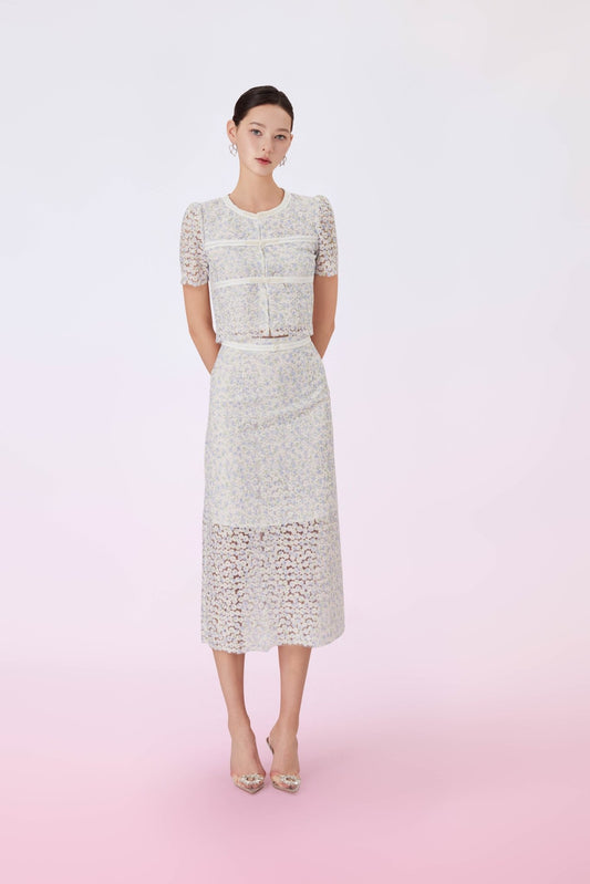 Giliana Light Blue Floral Lace Pearl Knot Top - Nimisski