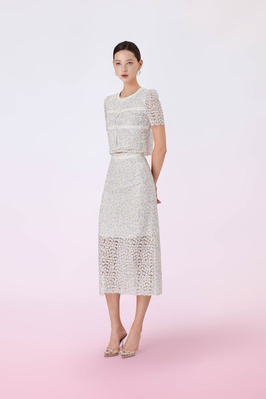 Giliana Light Blue Floral Lace Pencil Skirt - Nimisski