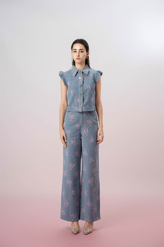 Geerda Pink Butterfly Blue Denim Top - Nimisski