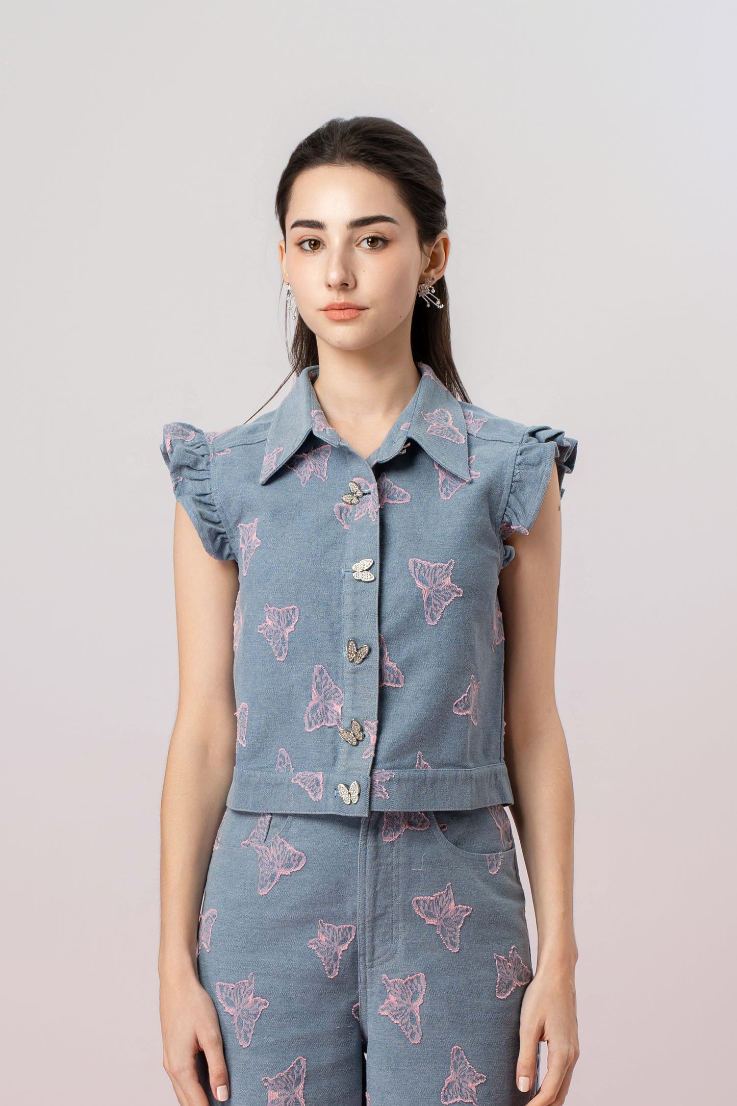 Geerda Pink Butterfly Blue Denim Top