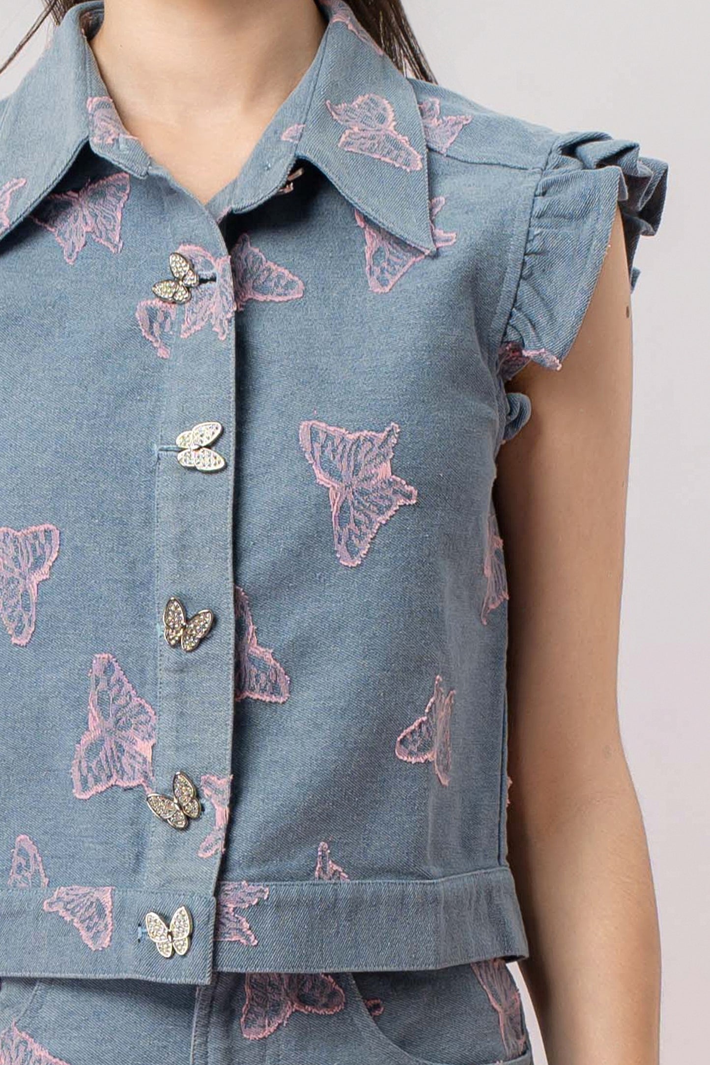 Geerda Pink Butterfly Blue Denim Top