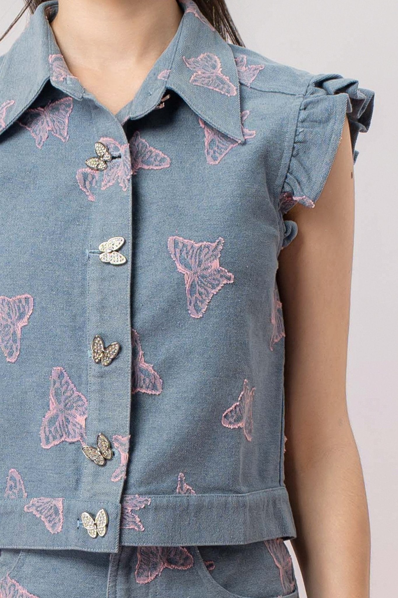 Geerda Pink Butterfly Blue Denim Top - Nimisski