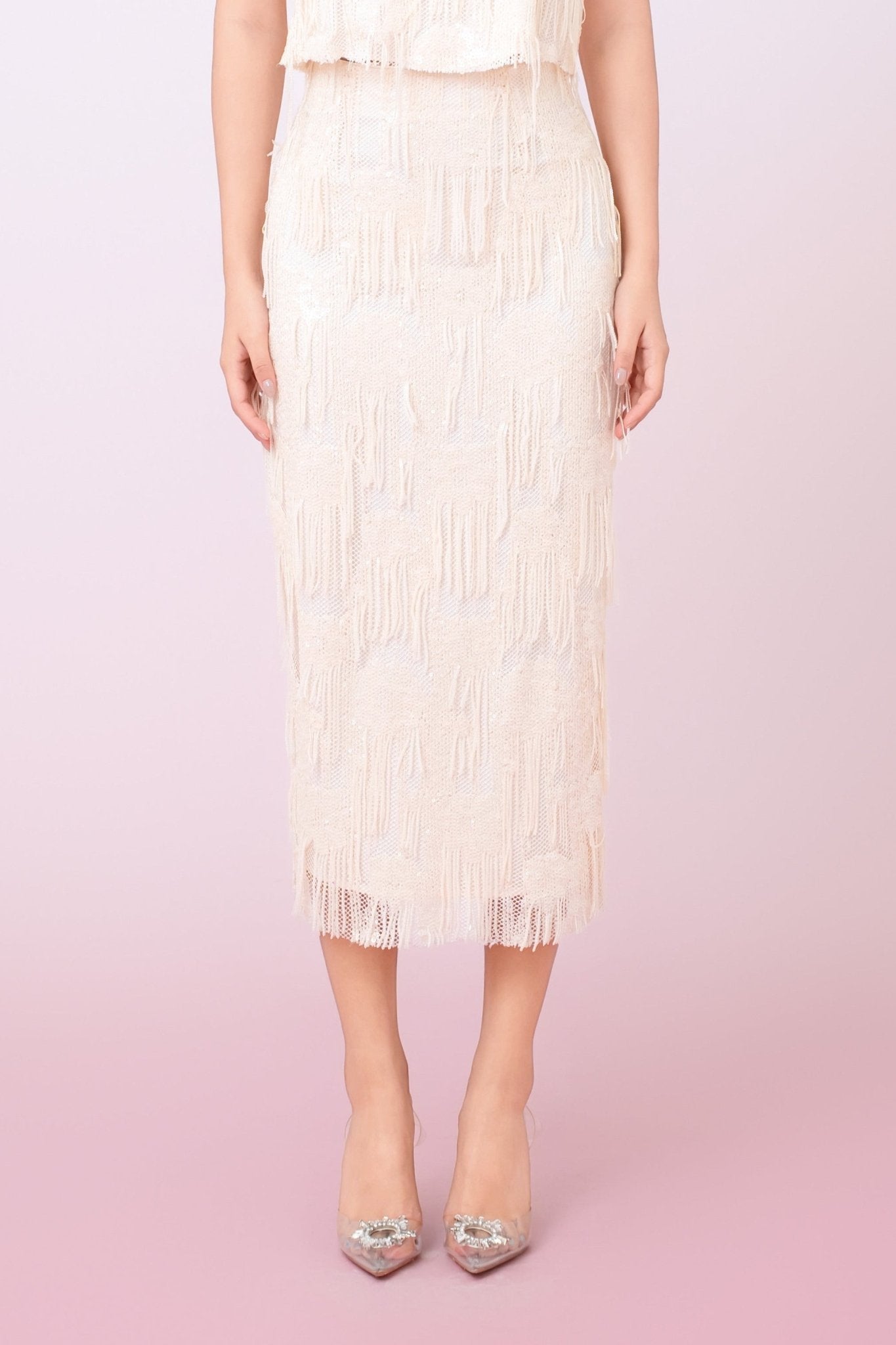 Gabriellen Beige Fringe Pencil Skirt - Nimisski