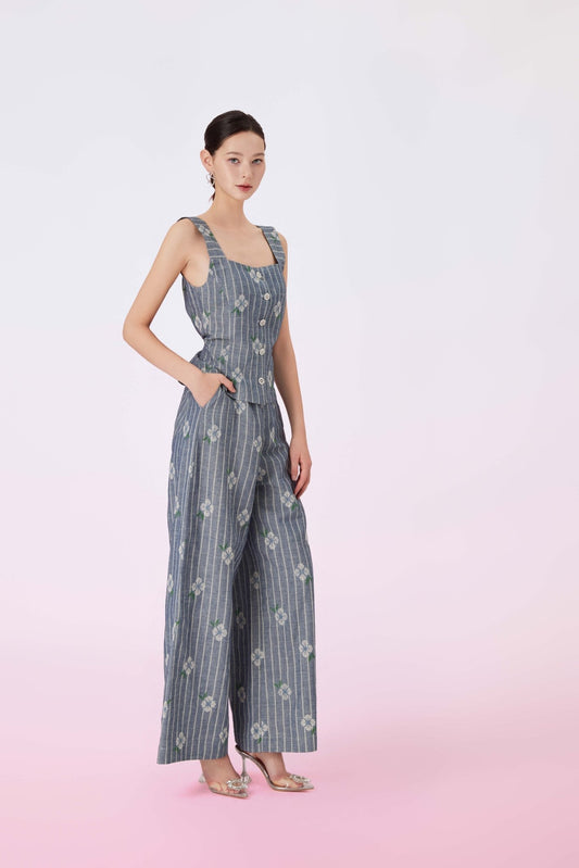 Geila White Emboss Blue Denim Wide Pants - Nimisski