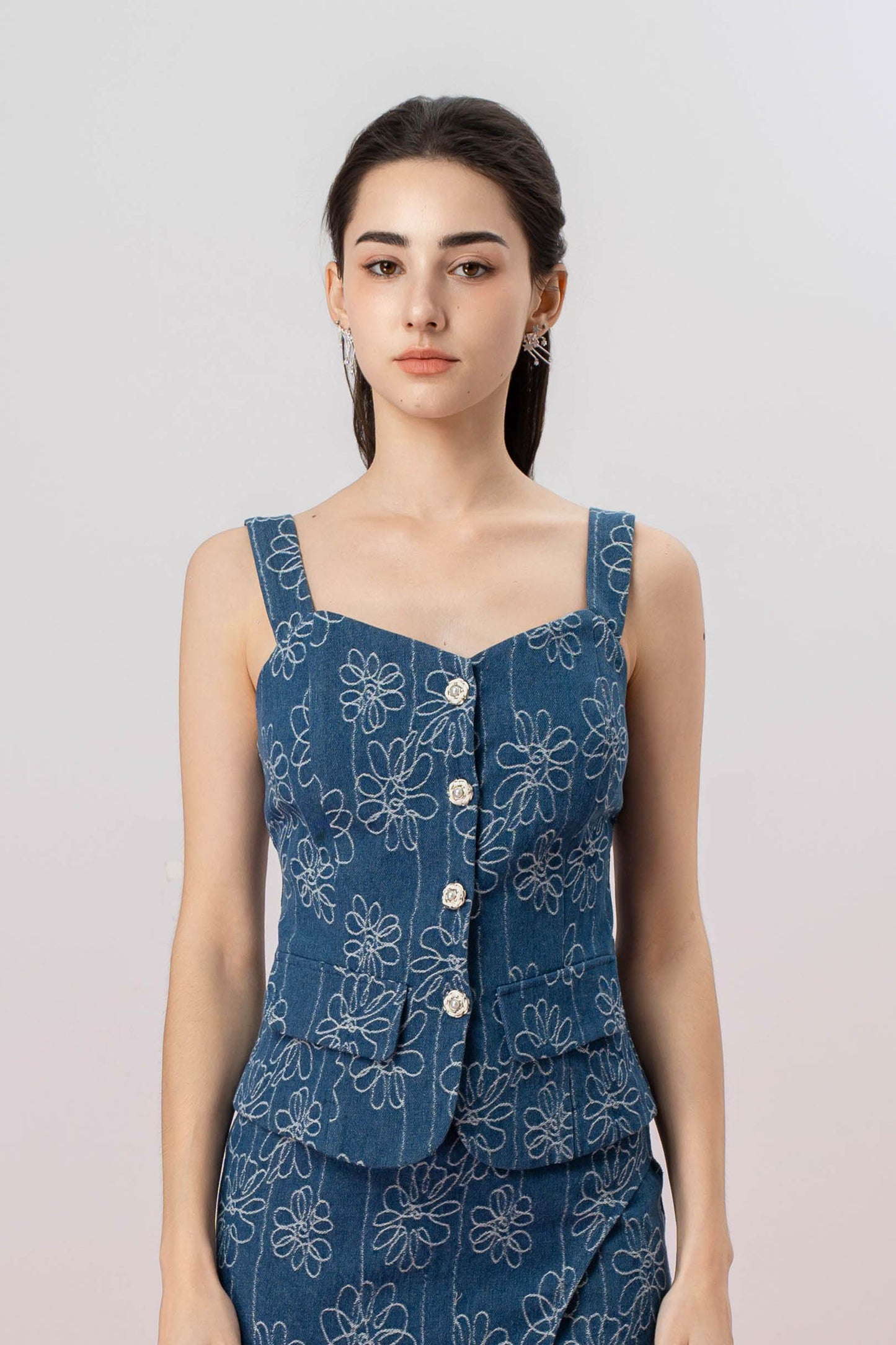 Gaybriel Blue Denim With Floral Embroidery Top
