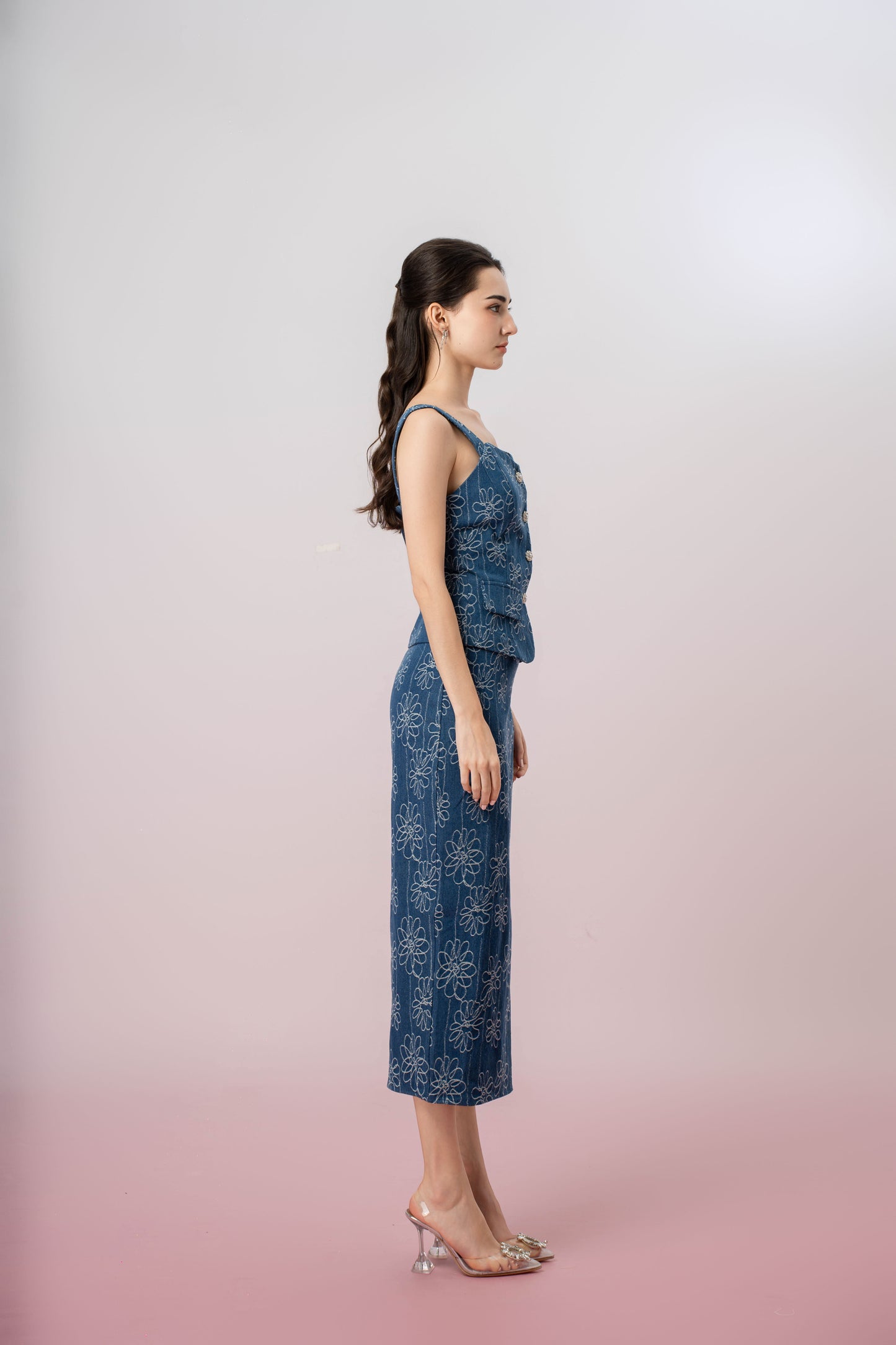 Gaybriel Blue Denim With Floral Embroidery Skirt