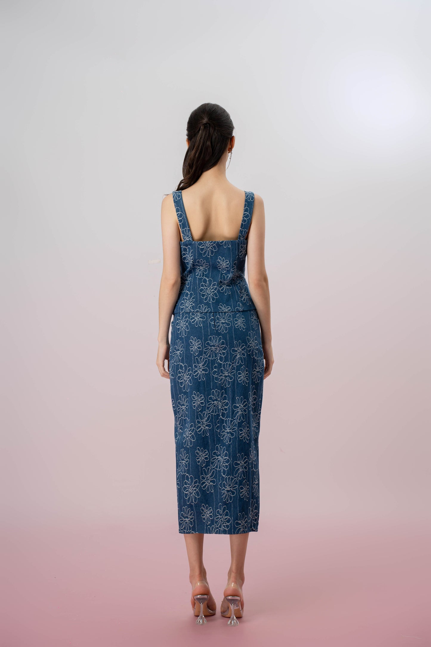 Gaybriel Blue Denim With Floral Embroidery Skirt