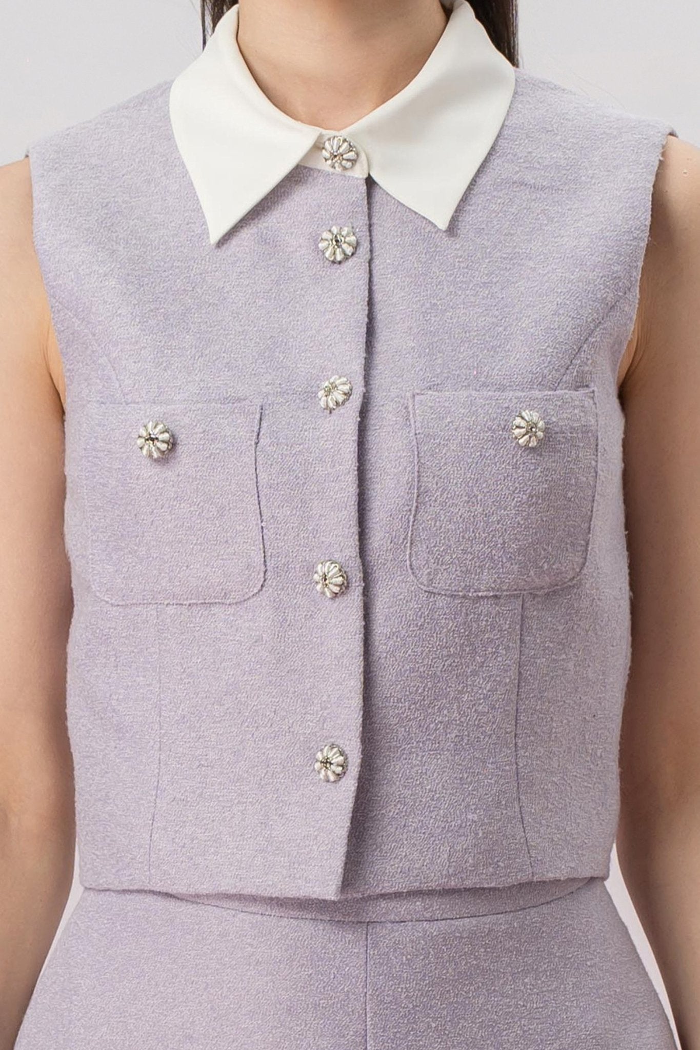 Gahl Lilac Tweed Collar Sleeveless Top - Nimisski