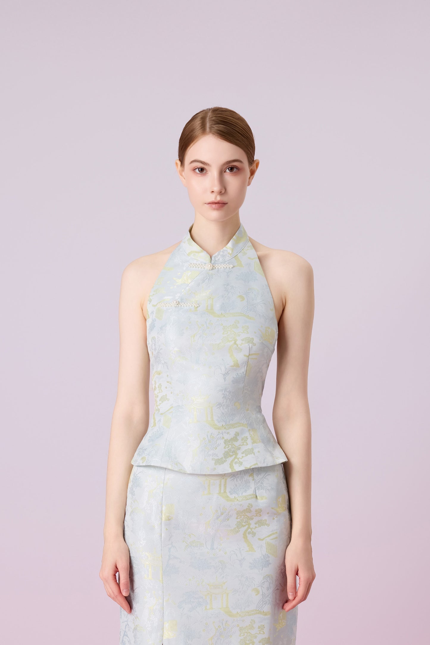 Jineeva Green Sleeveless Cheongsam Top