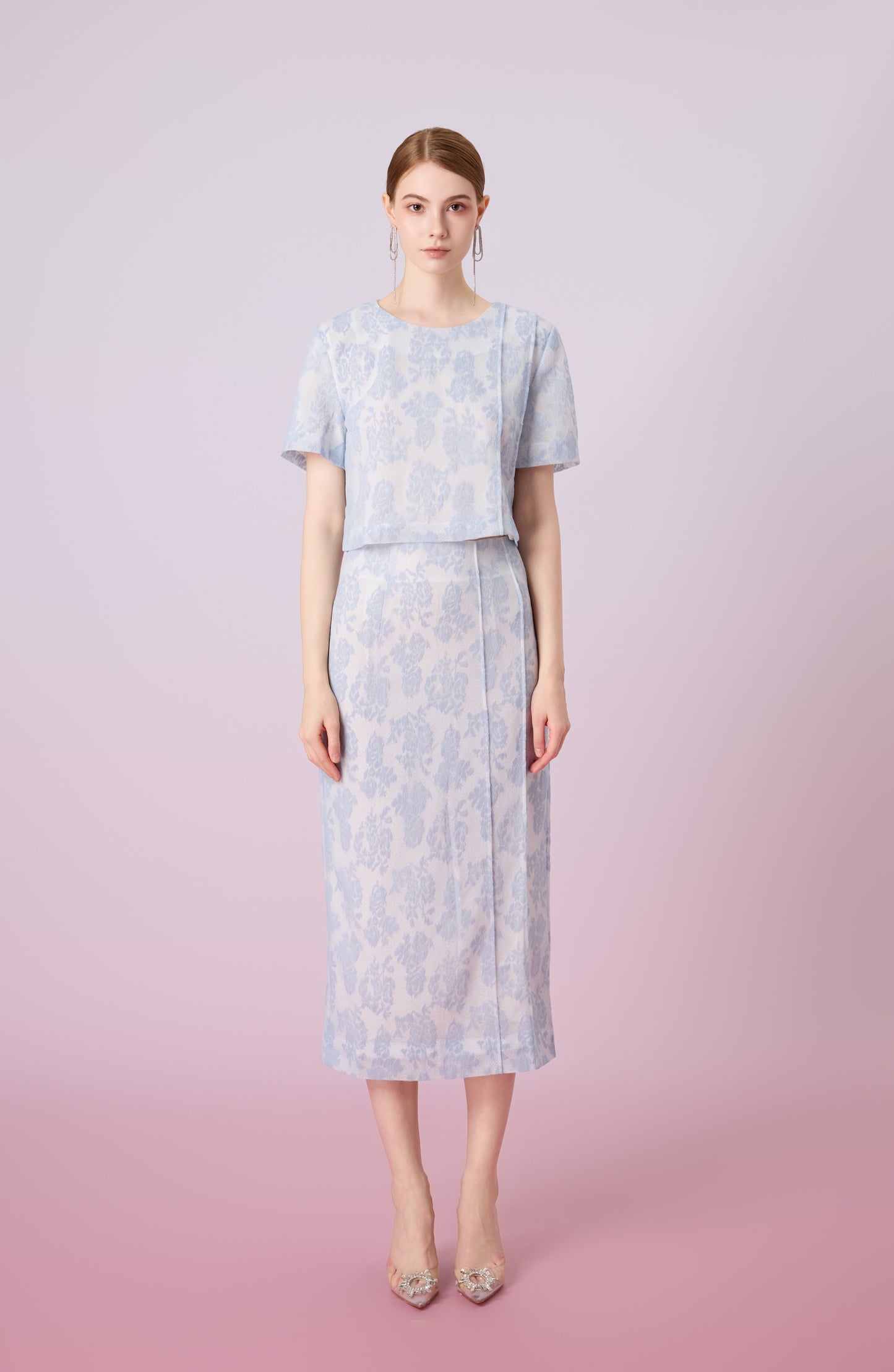 Gaylla Light Blue Rose Print Pencil Skirt