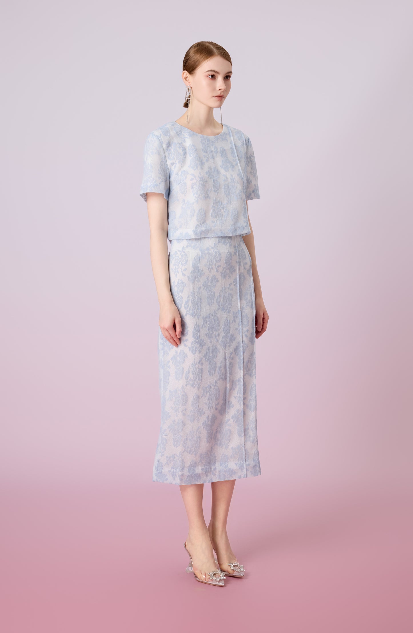Gaylla Light Blue Rose Print Pencil Skirt