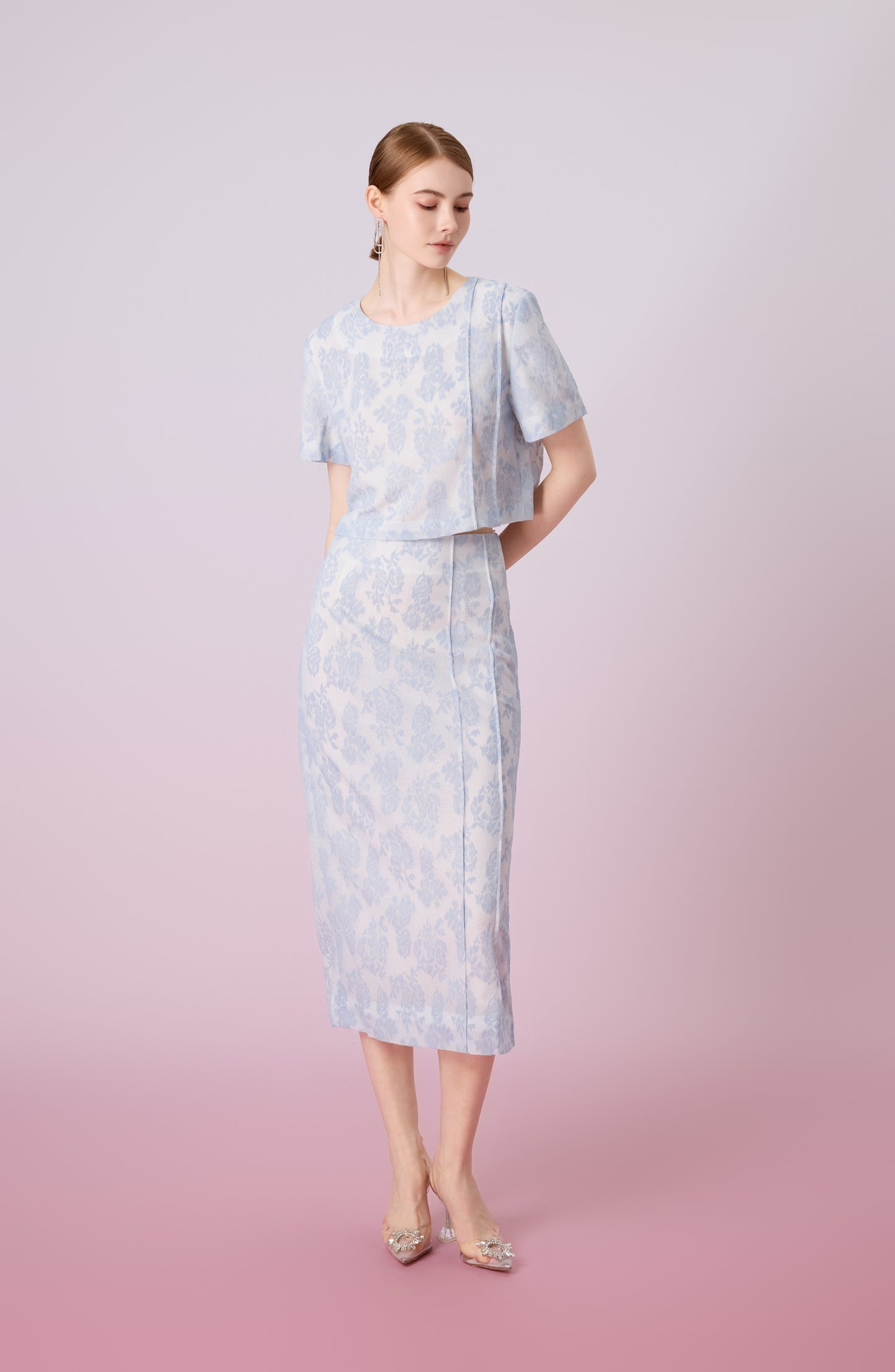 Gaylla Light Blue Rose Print Pencil Skirt