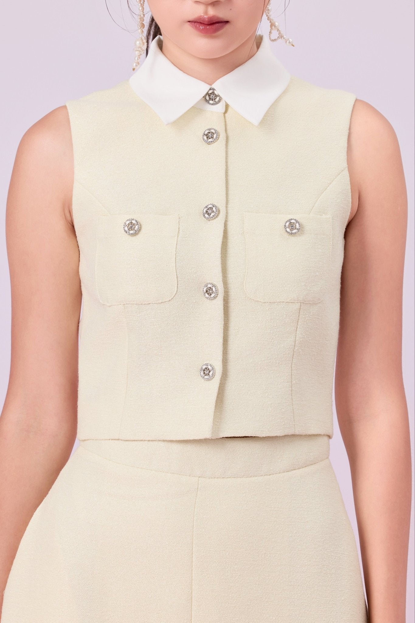 Gahl Pale Yellow Tweed Collar Sleeveless Top - Nimisski