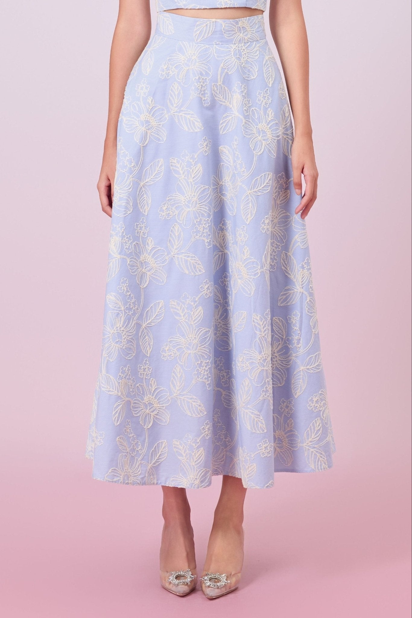 Geah Cream Floral Embroidery In Light Blue A - Line Skirt - Nimisski