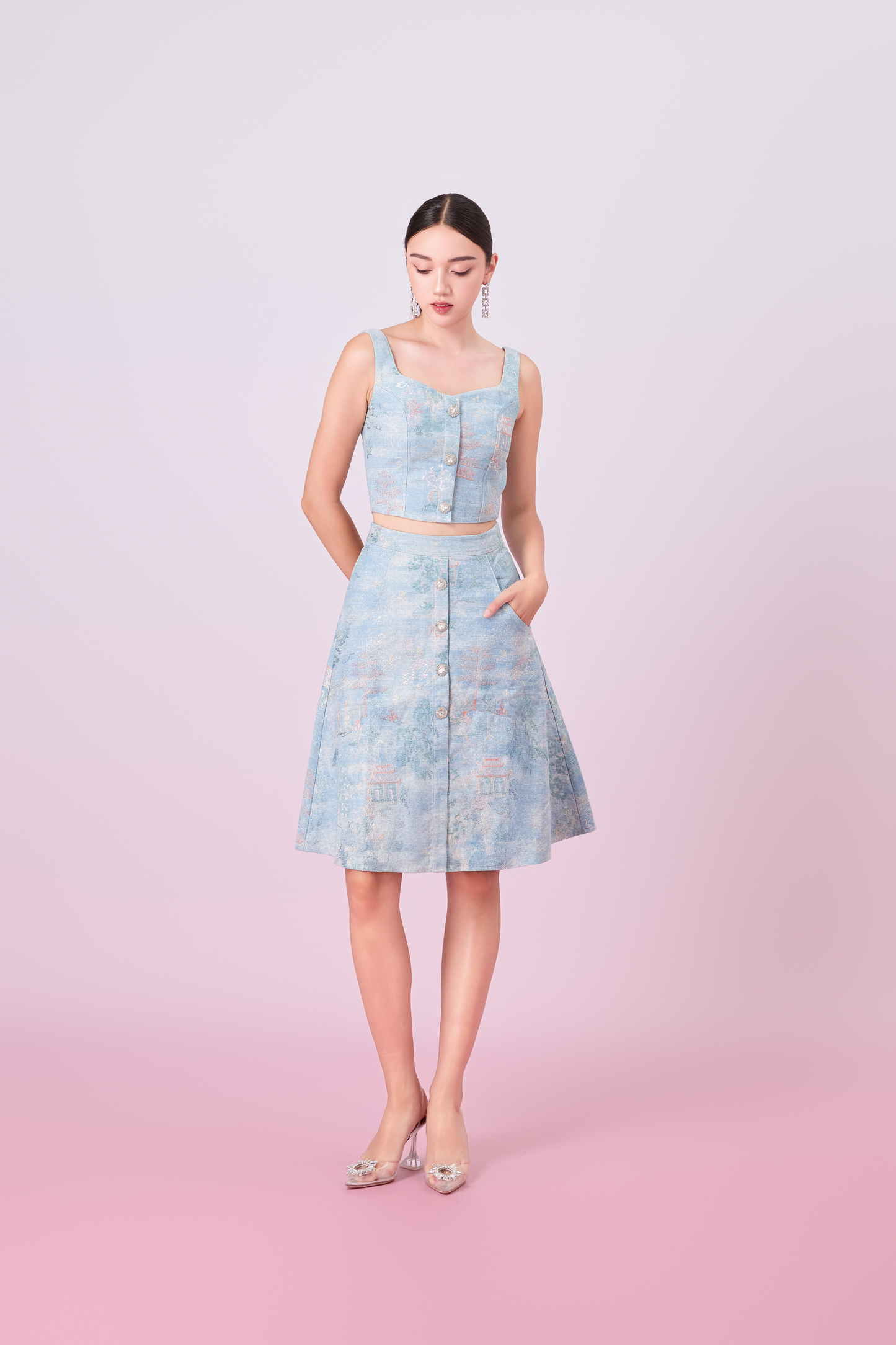Jacquette Blue Denim Front Button A-Line Skirt