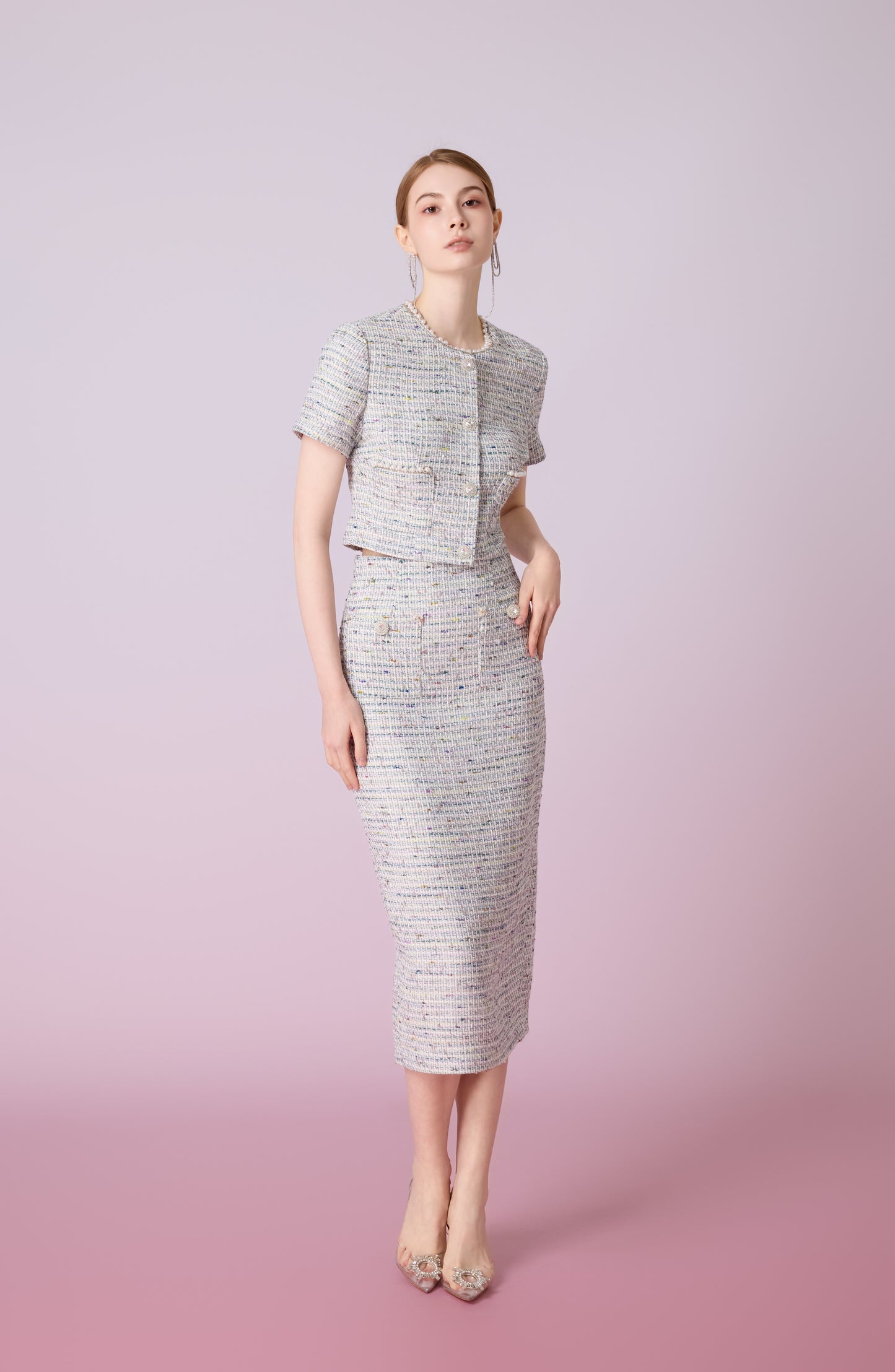 Jackqueline Teal White Tweed Pencil Skirt