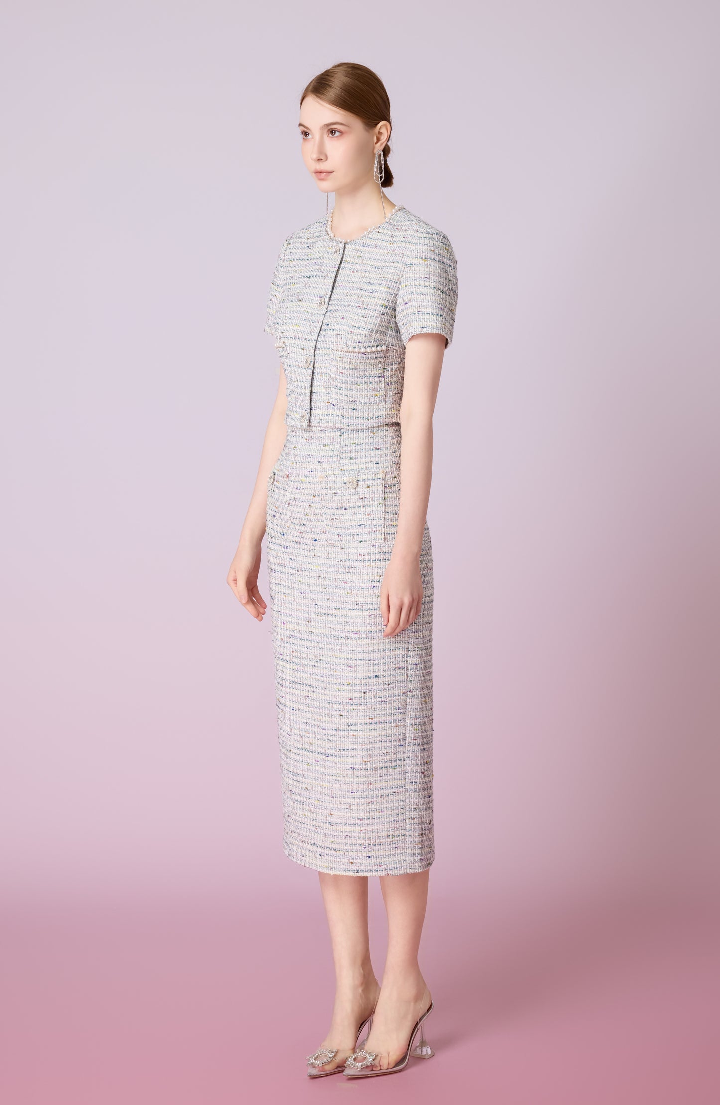 Jackqueline Teal White Tweed Pencil Skirt