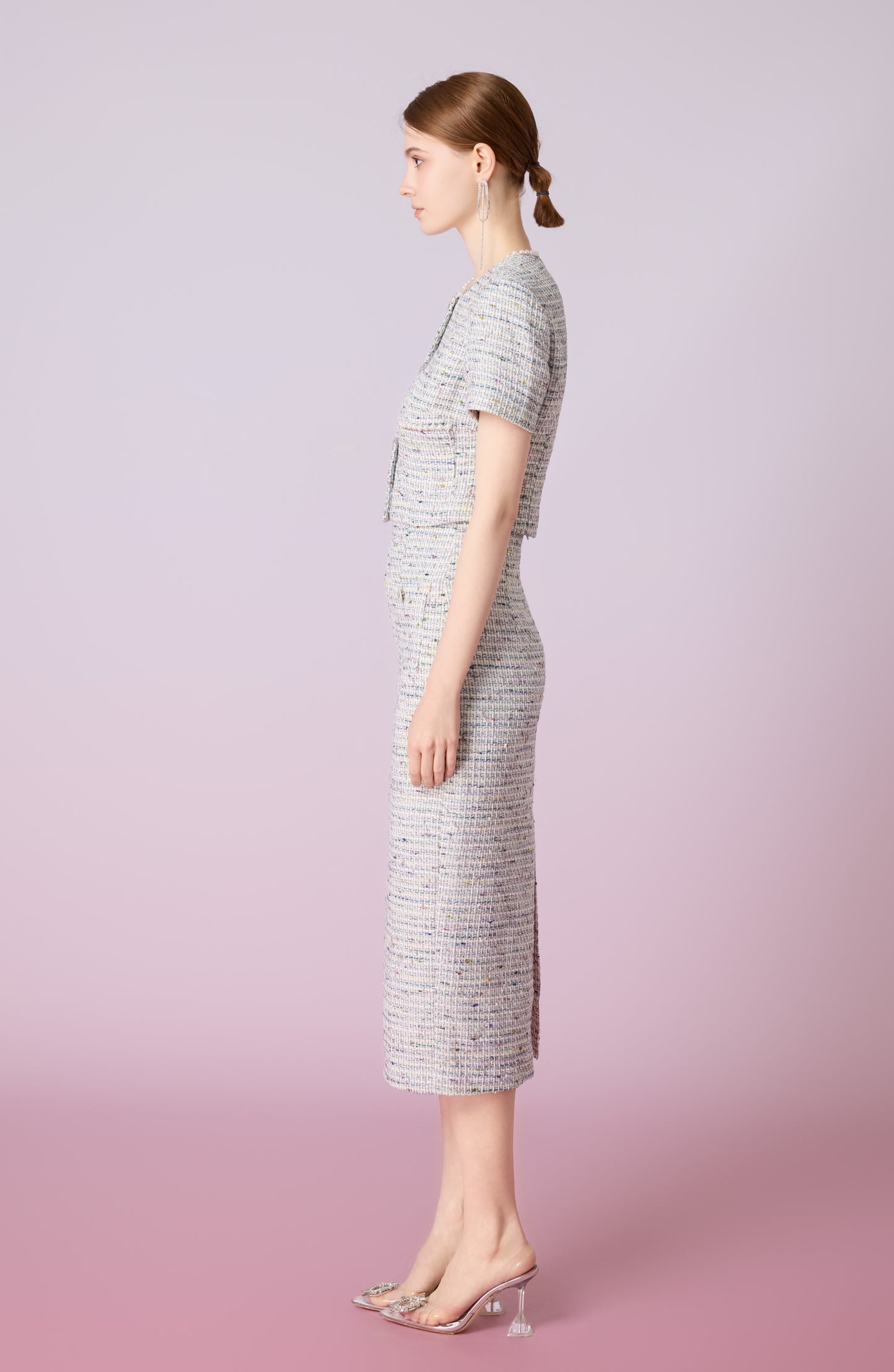 Jackqueline Teal White Tweed Pencil Skirt
