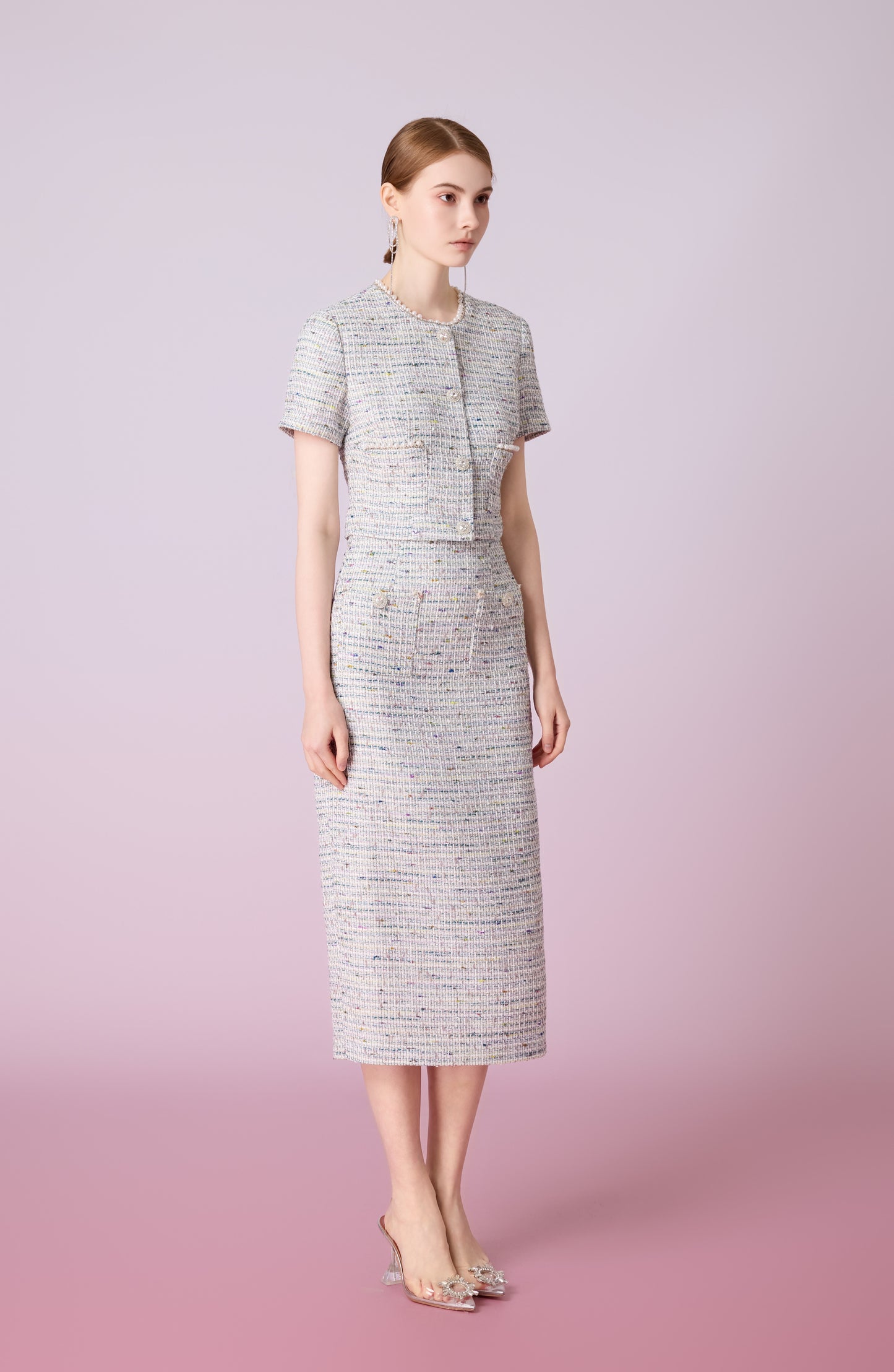 Jackqueline Teal White Tweed Pencil Skirt