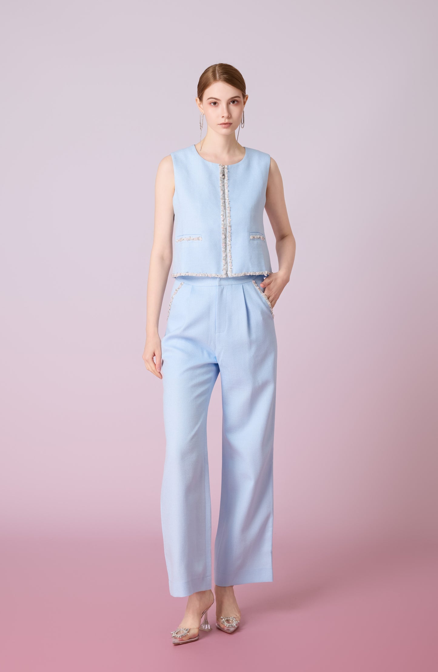 Jewelyn Blue Tweed Straight Pants
