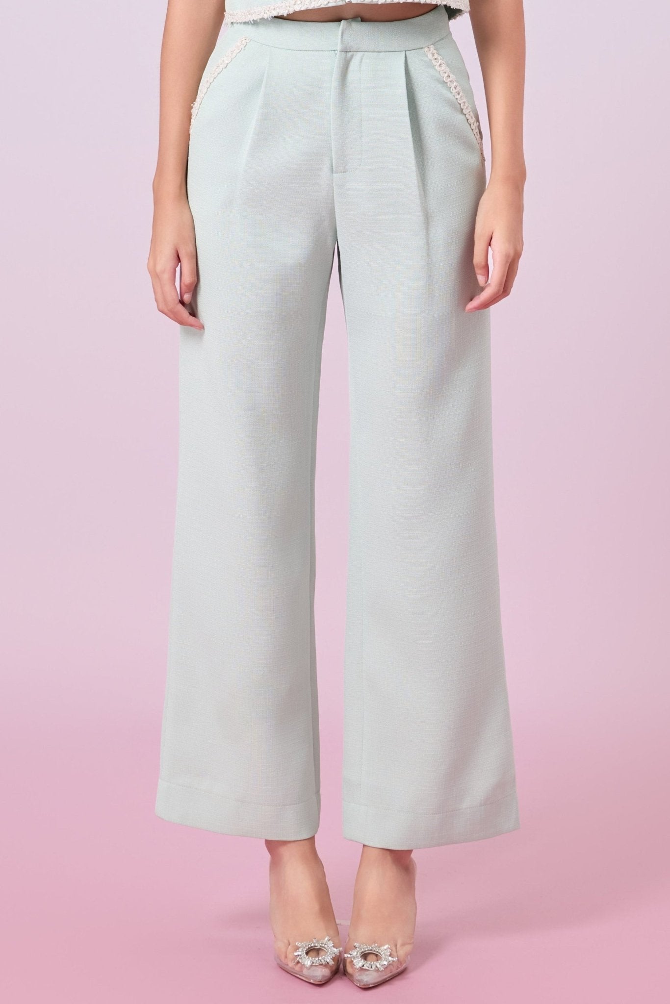 Jewelyn Light Green Tweed Straight Pants - Nimisski