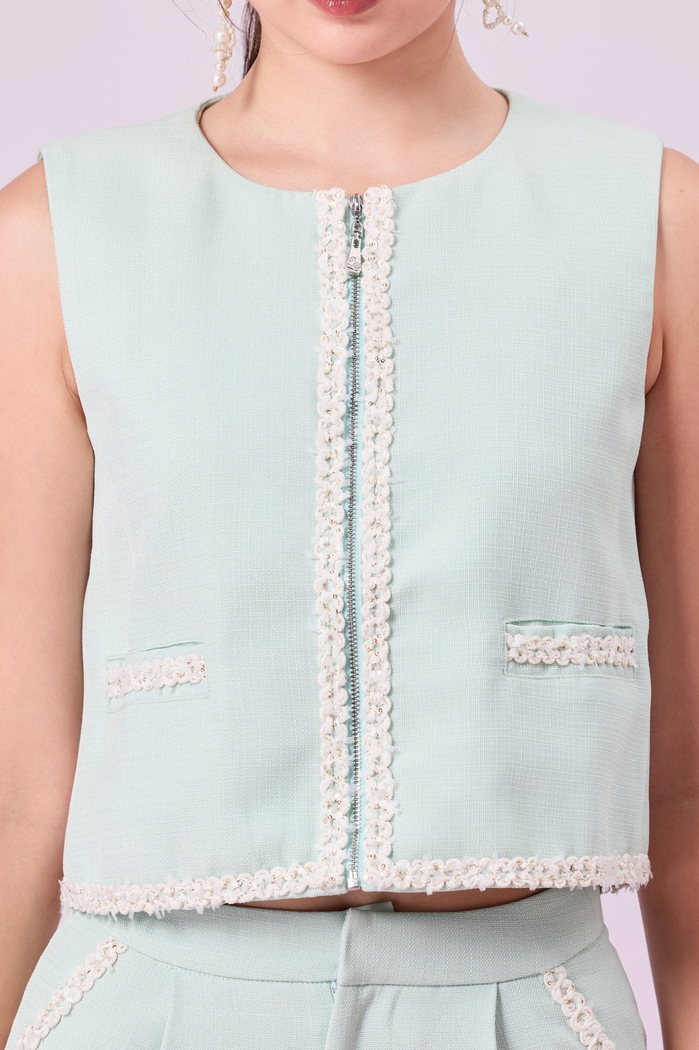 Jewelyn Light Green Tweed Front Zipper Vest - Nimisski