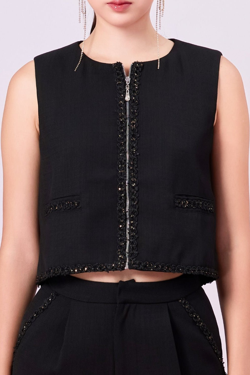 Jewelyn Black Tweed Front Zipper Vest - Nimisski
