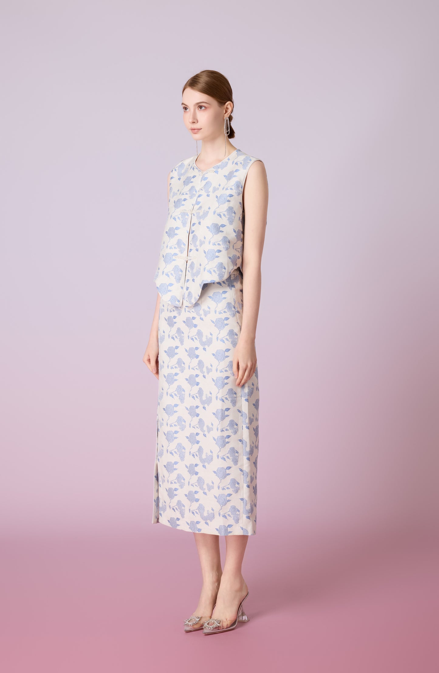 Jewel White With Rose Print Midi Skirt