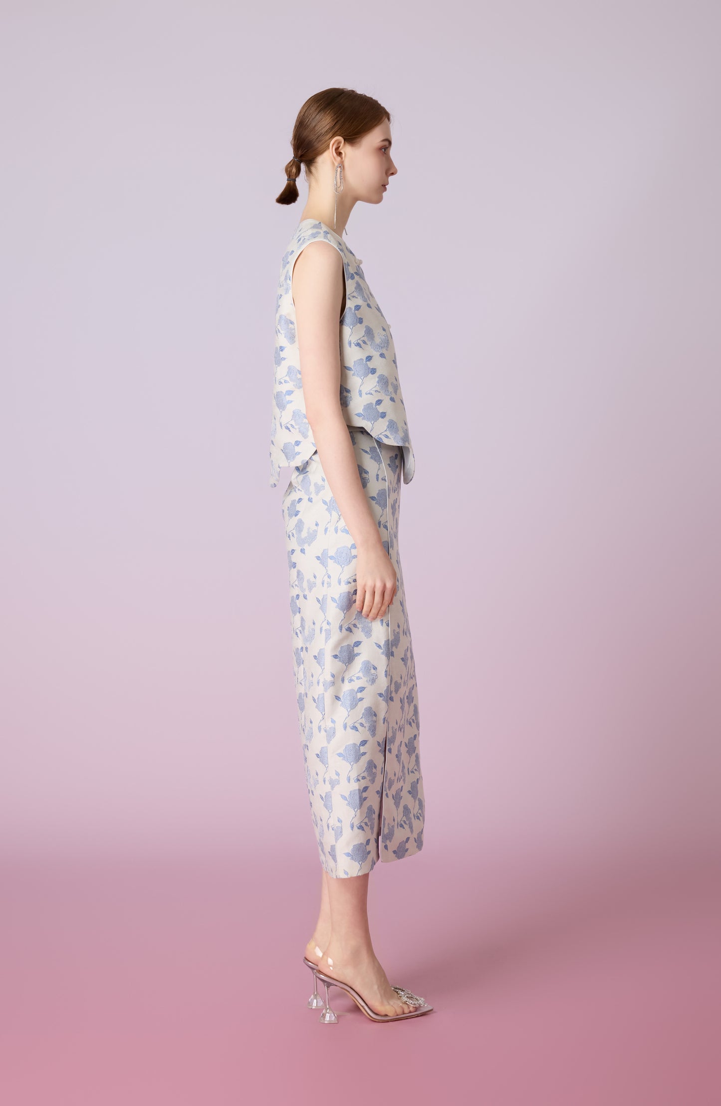 Jewel White With Rose Print Midi Skirt