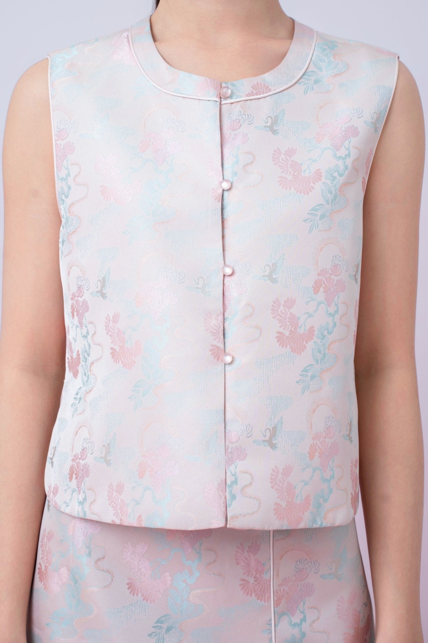 Joelin Floral Print In Blush Pink Jacquard Modern Chinese Top - Nimisski