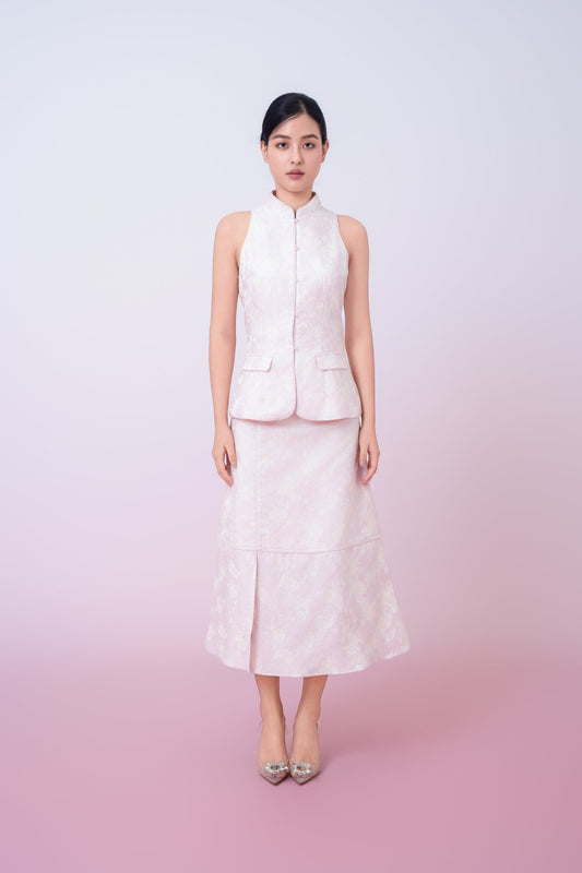 Joela Light Pink Jacquard With Cream Floral Cheongsam Top - Nimisski
