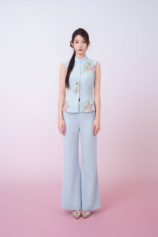 Kaleah Light Blue With Floral Embroidered Flare Pants - Nimisski