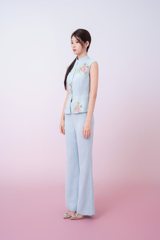 Kaleah Light Blue With Floral Embroidered Flare Pants